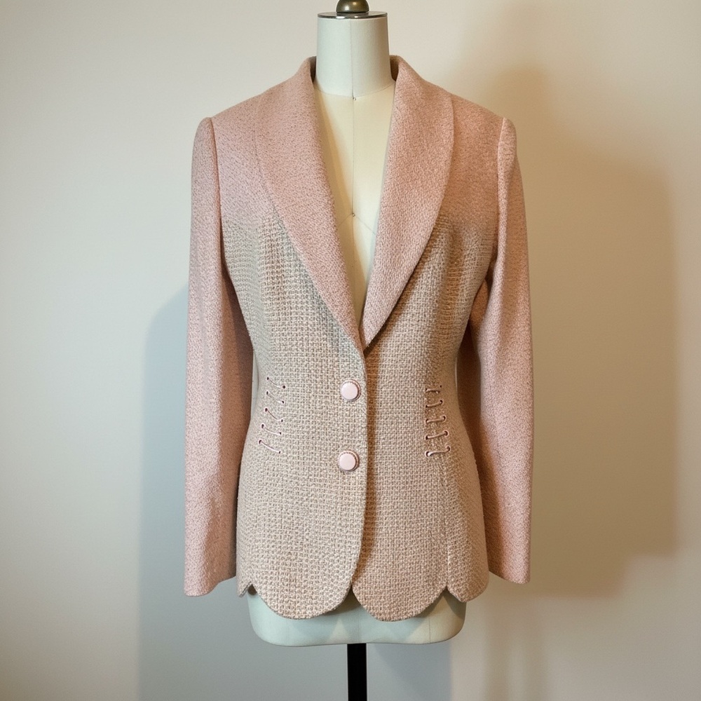 Max Nugus Haute Couture Blush Pink Color Block Tweed Lace Up Women's Blazer